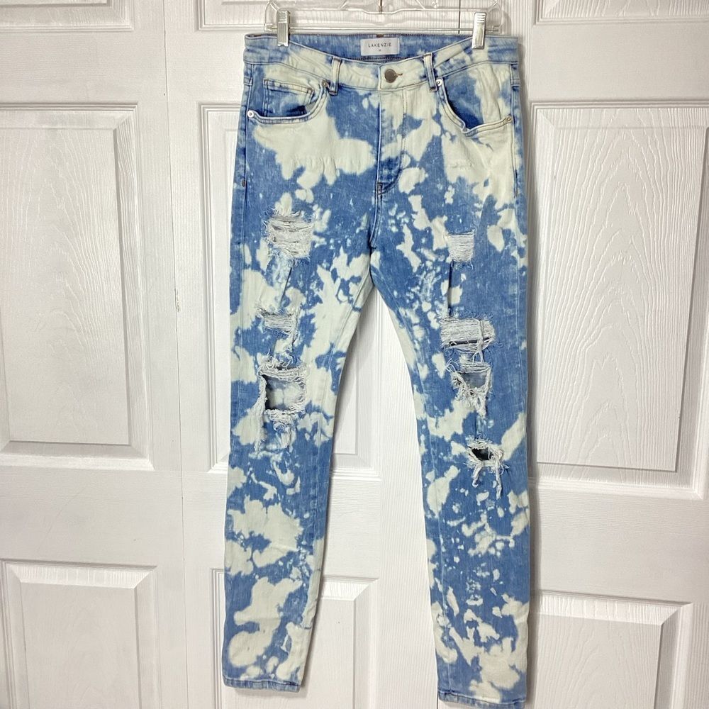 Lakenzie Bleach Splatter Distressed Jeans Straight Skinny High Rise Men’s M